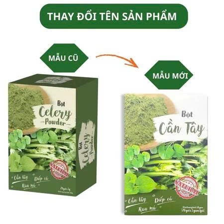 Bột cần tây Mộc Tâm mẫu bao bì cũ in chữ Celery Powder và mẫu mới in chữ Bột Cần Tây