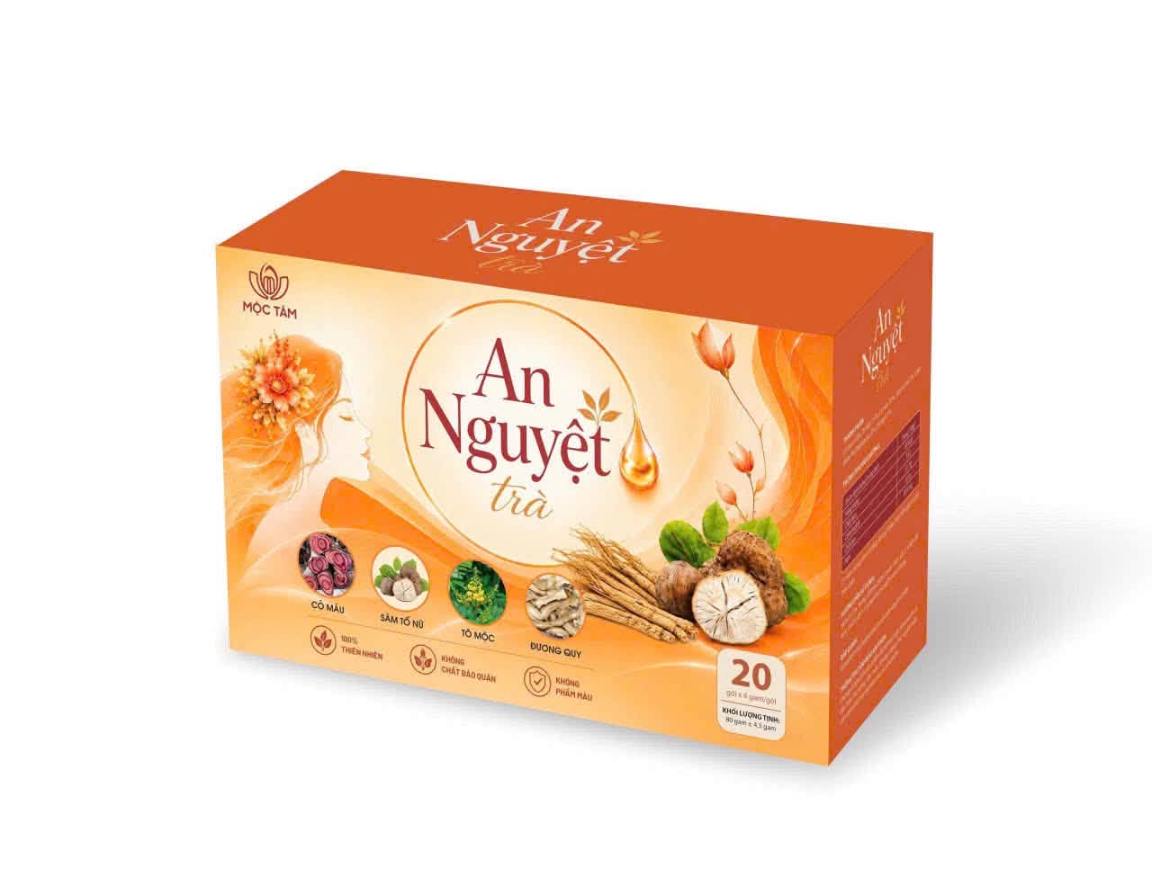 Hộp An Nguyệt Trà in hình cỏ máu, sâm tố nữ, tô mộc, đương quy